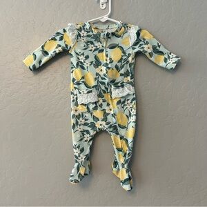 Jessica Simpson mint ruffle lemon print footie pajama and hair bow sz 0-3 month